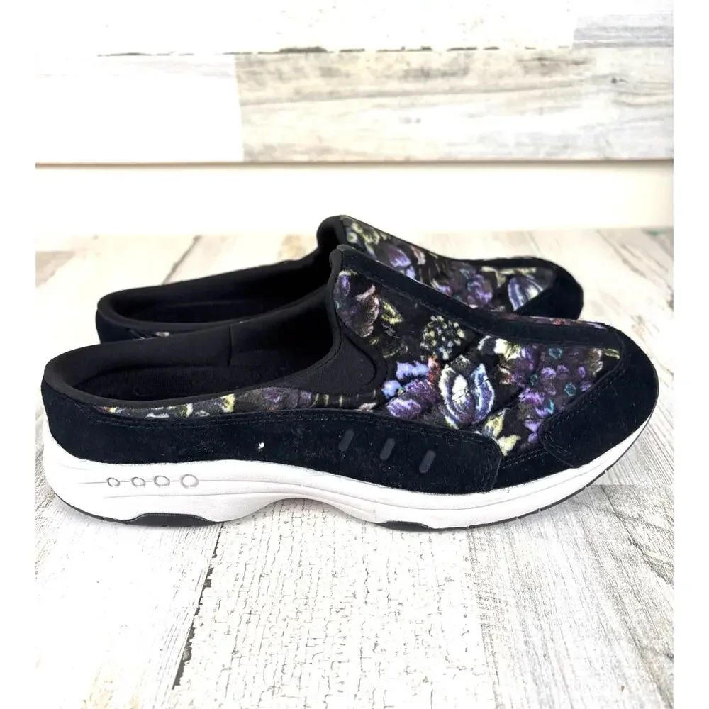 Easy Spirit Womens 10 Black Purple Floral Travel Time Slip On Sneakers NEW